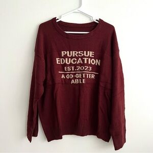Brand New Handknit Pursue Education Burgundy Maroon Sweater Size L-XL